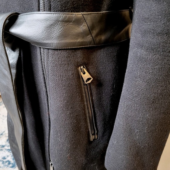 Mackage Nori 2-in-1 Black Wool Cashmere Double Collar Wrap Coat Leather Belt Zip - Picture 9 of 16